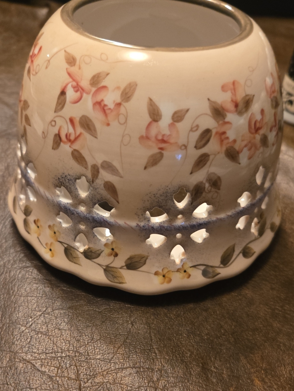 Home Interiors Cream Porcelain Floral Candle Holder with Pink and Yellow Accents